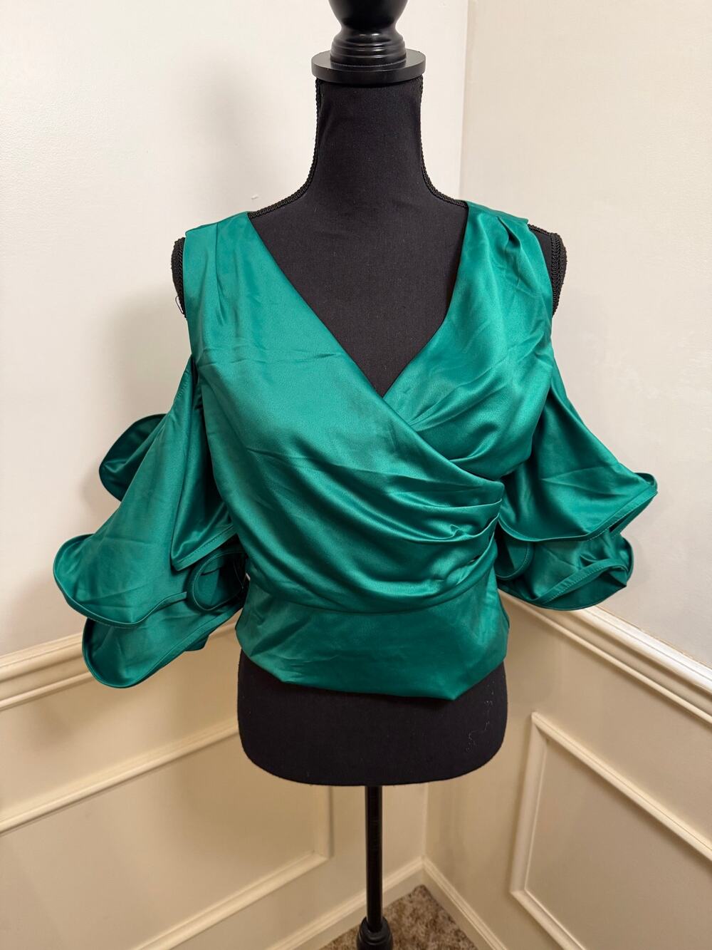 Why Dress Emerald Green Satin Cold Shoulder Ruffle Sleeve Blouse Top T181130